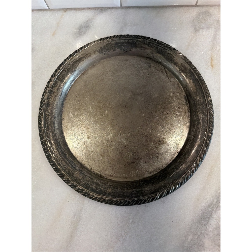 Vintage Oneida Engraved 12" Round Silverplate Serving Platter Tray Made USA 002